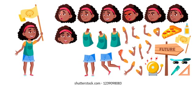 Black Afro American Girl Vector. Animation Creation Set. Face Emotions, Gestures. Child, Pupil. For Advertising, Placard, Print  Design. Animated. Isolated Illustration