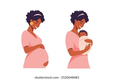 Mujer afroamericana negra, madre joven con el bebé recién nacido. Concepto de maternidad y paternidad feliz. Ilustración de dibujos animados de Vector plano moderno.