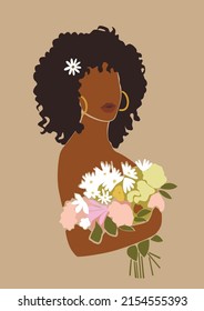 Mujer de pelo rizado negro afro sosteniendo flores. Resumen del retrato de Summer Girl Boho. 