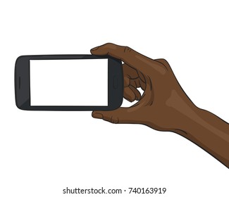 Black afro right hand holding blank screen smartphone horizontally, Vector illustration isolated on white background