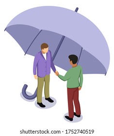 Black afro and white caucasian man shaking hands under umbrella. Tolerance and no racism concept, friendship and peace protection. Vector isometric illustration
