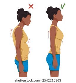 Mujer afro negra con mala postura, encorvada, con hombros redondeados y buena postura, hombros rectos, espalda y columna vertebral alineados. Ilustración vectorial para la salud sobre fondo blanco