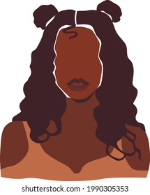 Black afro woman with curly hair and buns. Abstract faceless portrait on the white isolated background.