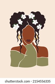 Black Afro woman with flowers in curly hair. Abstract Girl Boho Portrait. 
