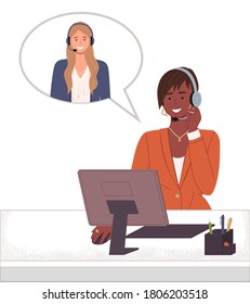 Black afro woman operator of call center or hotline. Woman with headset and computer talking with colleague, dialogue cloud. Smiling broker offers deal to partner. Video conference meeting isolated