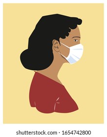 Black afro woman wears a medical mask, concept of epidemic, infectious Wuhan coronavirus, new type SARS-CoV-2 (2019-nCoV). Flat vector illustration on global prevention outbreak spread virus covid-19 