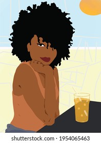 Black, afroamerican, african woman, sitiing by the table with juice and drink. Outside the cafe, restaurant, bar. Sunny weather. Simple vector illustration.