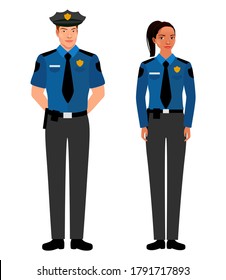 Black Afroamerican Police Officer Couple In The Uniform Standing. Police Characters. Public Safety Officers. Afro-american Policeman And Policewoman. Guardians Of Law And Order. 