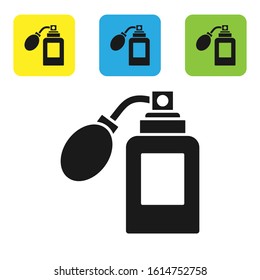 Black Aftershave bottle with atomizer icon isolated on white background. Cologne spray icon. Male perfume bottle. Set icons colorful square buttons. Vector Illustration