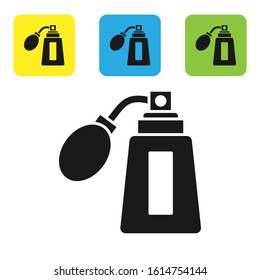 Black Aftershave bottle with atomizer icon isolated on white background. Cologne spray icon. Male perfume bottle. Set icons colorful square buttons. Vector Illustration