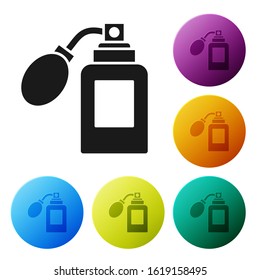 Black Aftershave bottle with atomizer icon isolated on white background. Cologne spray icon. Male perfume bottle. Set icons colorful circle buttons. Vector Illustration