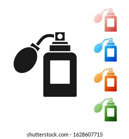 Black Aftershave bottle with atomizer icon isolated on white background. Cologne spray icon. Male perfume bottle. Set icons colorful. Vector Illustration