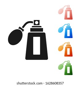 Black Aftershave bottle with atomizer icon isolated on white background. Cologne spray icon. Male perfume bottle. Set icons colorful. Vector Illustration