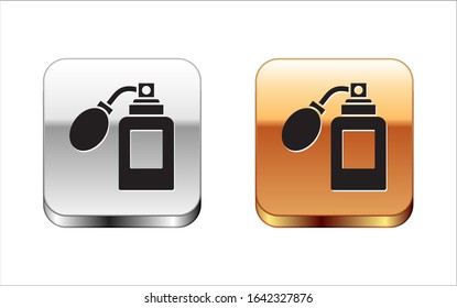 Black Aftershave bottle with atomizer icon isolated on white background. Cologne spray icon. Male perfume bottle. Silver-gold square button. Vector Illustration