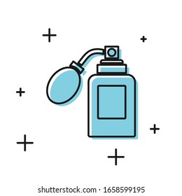 Black Aftershave bottle with atomizer icon isolated on white background. Cologne spray icon. Male perfume bottle.  Vector Illustration