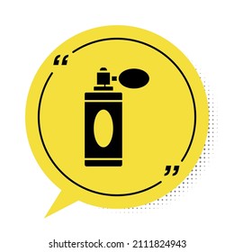 Frasco negro afeitado con icono del atomizador aislado sobre fondo blanco. Icono de pulverización de Colonia. Frasco de perfume masculino. Símbolo amarillo de burbuja de habla. Ilustración vectorial