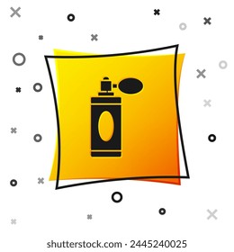 Black Aftershave bottle with atomizer icon isolated on white background. Cologne spray icon. Male perfume bottle. Yellow square button. Vector Illustration