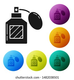 Black Aftershave icon isolated on white background. Cologne spray icon. Male perfume bottle. Set icons colorful circle buttons. Vector Illustration
