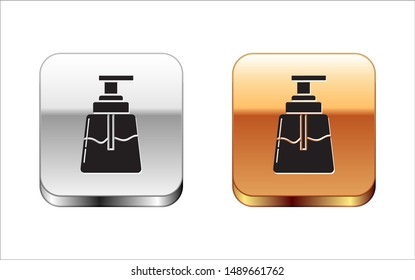 Black Aftershave icon isolated on white background. Cologne spray icon. Male perfume bottle. Silver-gold square button. Vector Illustration