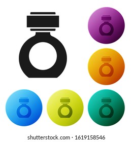 Black Aftershave icon isolated on white background. Cologne spray icon. Male perfume bottle. Set icons colorful circle buttons. Vector Illustration
