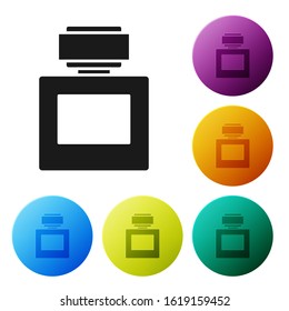 Black Aftershave icon isolated on white background. Cologne spray icon. Male perfume bottle. Set icons colorful circle buttons. Vector Illustration