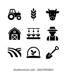 Black Agriculture Icons – 9 Solid Farming Symbols Including Tractor, Wheat, Cow, Barn, Farmer, Greenhouse, Irrigation, Shovel and Field in Minimal Vector Style