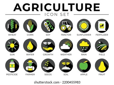 Black Agriculture Round Icon Set Of Wheat, Corn, Soy, Tractor, Sunflower, Fertilizer, Sun, Water, Growth, Weather, Rain, Fields, Pesticide, Farmer, Seeds, Soil, Apple, Fruit Icons.