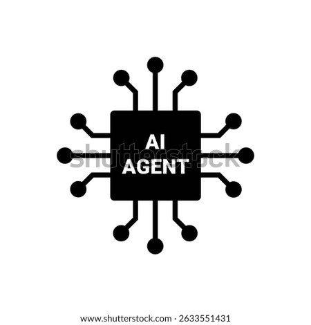 A black AI Agent icon depicts a microchip with connections, symbolizing artificial intelligence and network processing. The words AI AGENT are centrally displayed.