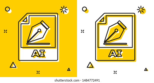 Black AI file document. Download ai button icon isolated on yellow and white background. AI file symbol. Random dynamic shapes. Vector Illustration