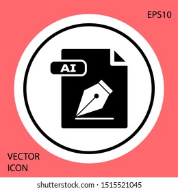 Black AI file document. Download ai button icon isolated on red background. AI file symbol. White circle button. Vector Illustration