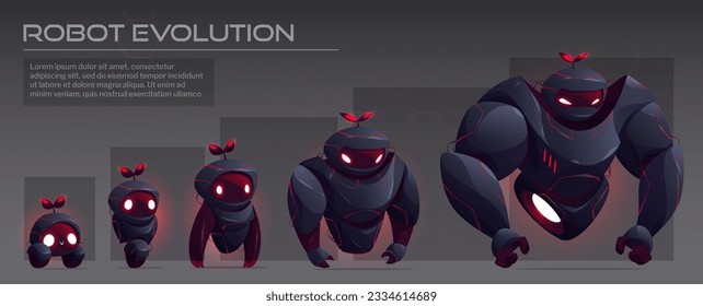 Black ai robot evolution character tech infographic vector. future humanoid artificial intelligence cyborg engineering with antenna and angry red eyes. Game fighter or defender generation progress