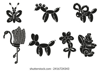 Black Air Balloon animals set and Bubble sticker. Flamingo dog flower butterfly horse sheep in trendy retro Y2k style.Graffiti  Vector illustration EPS 10 Editable stroke