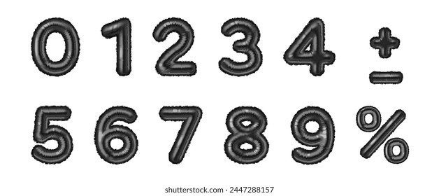 Black air balloon numbers and math signs realistic vector illustration set. Sparkling party decor 3d models on white background collection
