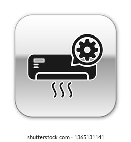 Black Air conditioner and gear icon isolated on white background. Adjusting app, service concept, setting options, maintenance, repair, fixing. Silver square button. Vector Illustration