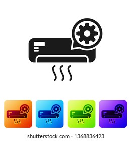 Black Air conditioner and gear icon isolated on white background. Adjusting app, service concept, setting options, maintenance, repair, fixing. Set icon in color square buttons. Vector Illustration