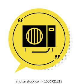 Black Air conditioner icon isolated on white background. Split system air conditioning. Cool and cold climate control system. Yellow speech bubble symbol. Vector Illustration