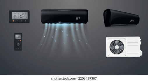 Black air conditioner ventilation system realistic set isolated on grey background vector illustration