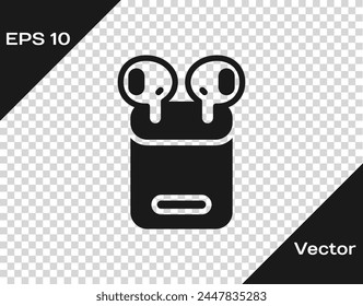 Black Air headphones in box icon isolated on transparent background. Holder wireless in case earphones garniture electronic gadget.  Vector