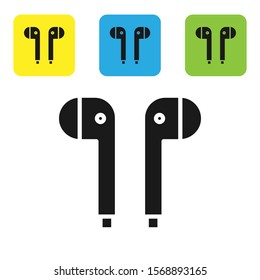 Black Air headphones icon icon isolated on white background. Holder wireless in case earphones garniture electronic gadget. Set icons colorful square buttons. Vector Illustration