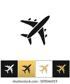 Black air plane silhouette vector icon. Black air plane silhouette pictograph on black, white and gold background