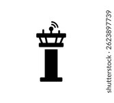 Black Air Traffic Control Tower Icon with Radar Dish, Simple Vertical Design
