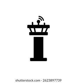 Ícone preto da torre de controle de tráfego aéreo com prato de radar, design vertical simples