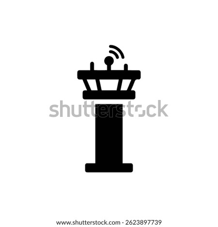 Black Air Traffic Control Tower Icon with Radar Dish, Simple Vertical Design