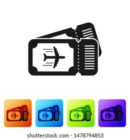Black Airline ticket icon isolated on white background. Plane ticket. Set icons in color square buttons. Vector Illustration