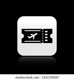 Black Airline ticket icon isolated on black background. Plane ticket. Silver square button. Vector Illustration