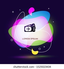 Black Airline ticket icon isolated on dark blue background. Plane ticket. Abstract banner with liquid shapes. Vector Illustration