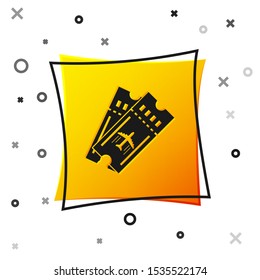 Black Airline ticket icon isolated on white background. Plane ticket. Yellow square button. Vector Illustration