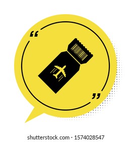 Black Airline ticket icon isolated on white background. Plane ticket. Yellow speech bubble symbol. Vector Illustration