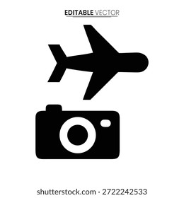 Ícones pretos de avião e câmera simbolizam fotografias de viagem, ideais para designs digitais e conteúdo relacionado a viagens.