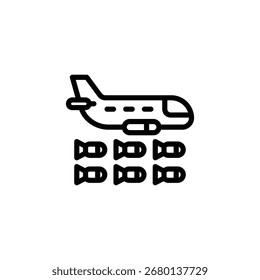 Avião preto está lançando muitas bombas em um design minimalista, criando uma atmosfera séria e perigosa, perfeita para uso em design, educação ou materiais informativos.